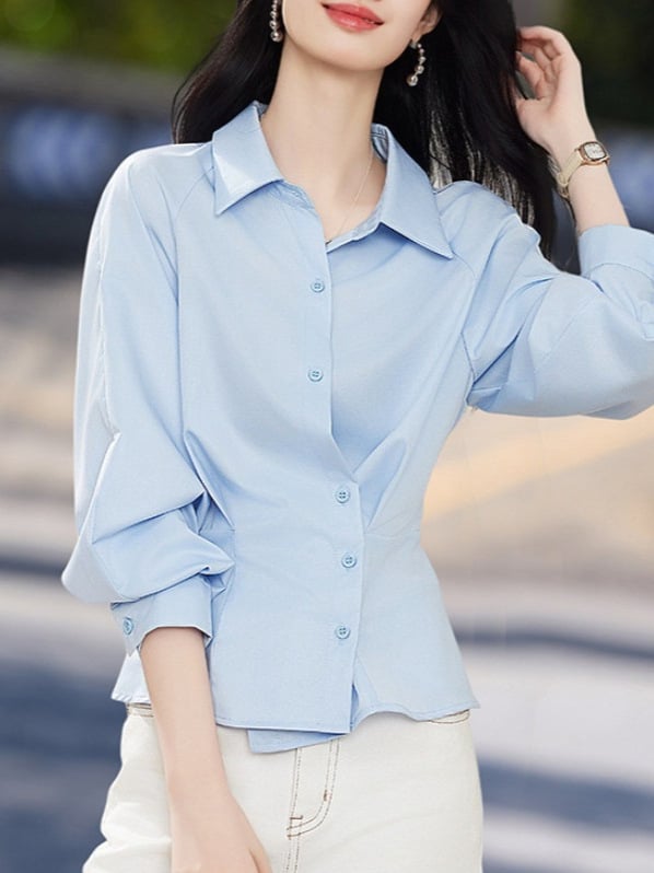 Ženska bluza sa uskim strukom i naborima u struku, francuska elegancija, rukavi tip lampion, uredski stil