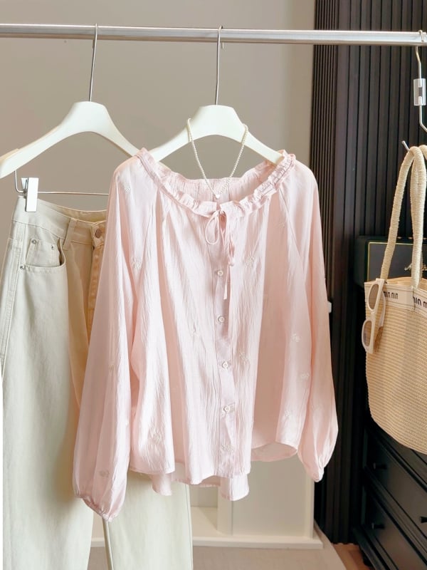 Ženska bluza u korejskom stilu, retro s lampastim rukavima i ružičastom izvezom, proljetni model, slobodan kroj, s vezanjem, zaštita od sunca