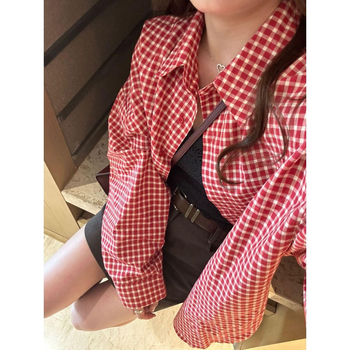 Ženska košulja s crveno-kariranim uzorkom, dugi rukavi, retro školski stil, slobodan kroj