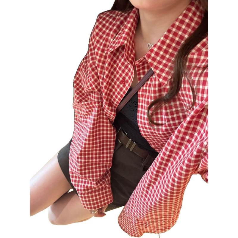 Ženska košulja s crveno-kariranim uzorkom, dugi rukavi, retro školski stil, slobodan kroj