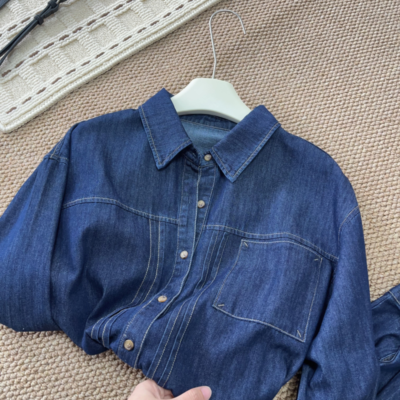 Női tavaszi koreai stílusú ing és denim dzseki látható varrással, mindennapi stílus