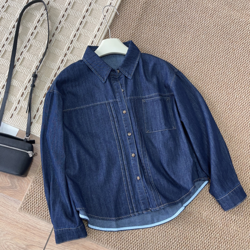 Női tavaszi koreai stílusú ing és denim dzseki látható varrással, mindennapi stílus