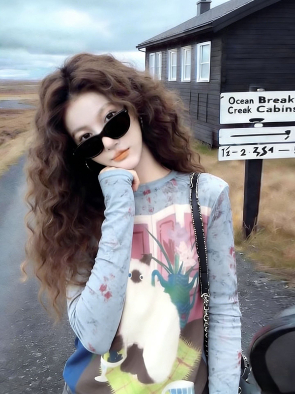 Ženski mrežasti top s retro chic gradientom, slobodan kroj, dugi rukav, korejski stil, lagano proziran, za svakodnevnu uporabu