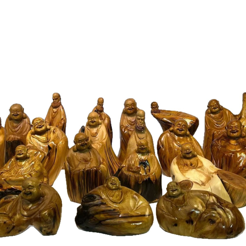 Koreňová rezba z tuje: Budha Maitreja so dvanástimi znameniami zverokruhu – ručne vyrezávaná drevená figúrka na ozdobu