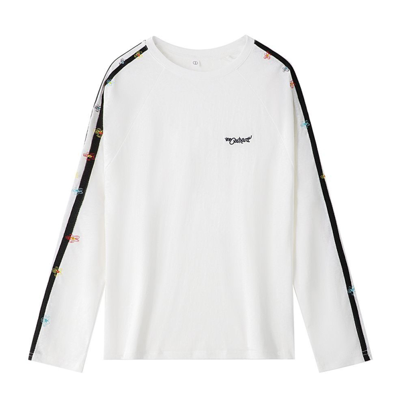 Bijeli ženski T-shirt s vezom cvijeća, raglan rukavi, blok boja, lagan materijal, zaštita od sunca, proljeće i jesen, ležerni chic kroj