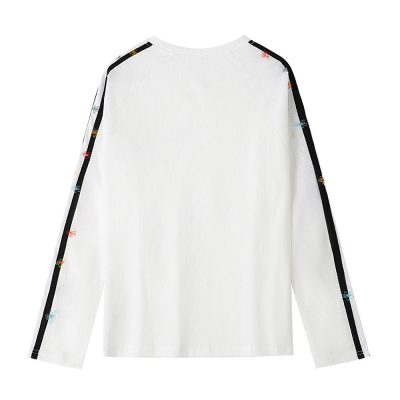 Bijeli ženski T-shirt s vezom cvijeća, raglan rukavi, blok boja, lagan materijal, zaštita od sunca, proljeće i jesen, ležerni chic kroj