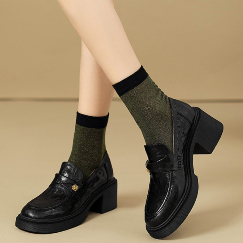 Női bőr loafer vastag talppal, slip-on, kerek orr, fekete, tavasz–ősz, angol stílusú magas sarkú loaferek, 6–8 cm