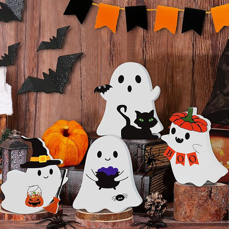 Halloween závesná ozdoba: duch z tekvice, drevený remeselný doplnok pre domáce dekorácie a párty