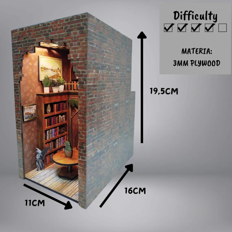 Drevený DIY modulárny model domu pre mikro krajinu s témou knižnice