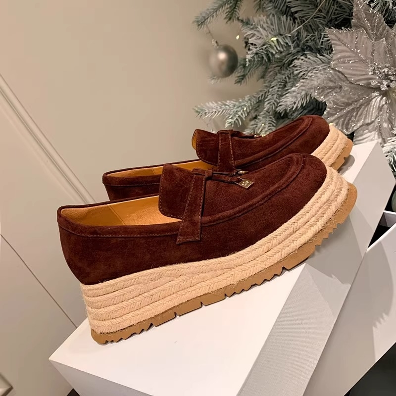 Ženski loaferi od prave kože s mat završetkom, debela platforma, okrugli vrh, klinovi potpetica od slame, retro stil