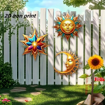 Farebná drevená závesná dekorácia na stenu so slnkom, hviezdou a mesiacom