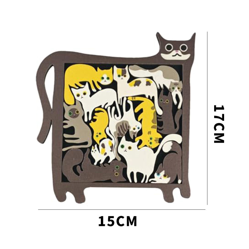 Drevené puzzle v tvare mačky s rôznymi tvarmi mačiatok.