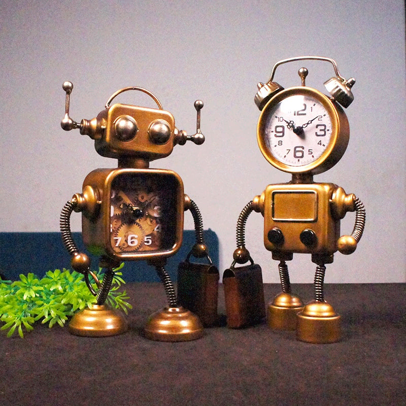 Kovový ručne vyrobený model robota s hodinami, ozdoba pre deti a študentov, domáca dekorácia