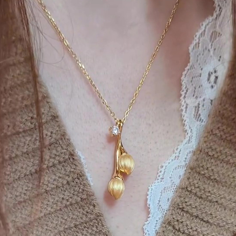 Ogrlica za pulover s privjeskom u obliku tulipana, pozlaćena bakrena s cirkonima, pravi zlatni premaz, novi kineski stil, ultra svijetla