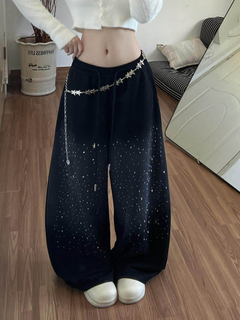 Ženske trenirke hlače s gradientnim zvjezdanim nebom i rhinestones, opuštenog kroja, širokih nogavica, do poda, zimi