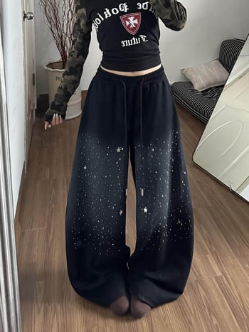 Ženske trenirke hlače s gradientnim zvjezdanim nebom i rhinestones, opuštenog kroja, širokih nogavica, do poda, zimi
