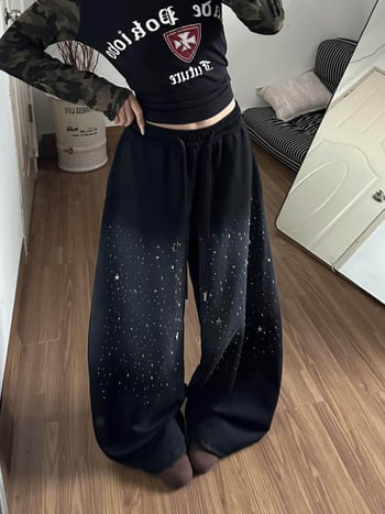 Ženske trenirke hlače s gradientnim zvjezdanim nebom i rhinestones, opuštenog kroja, širokih nogavica, do poda, zimi