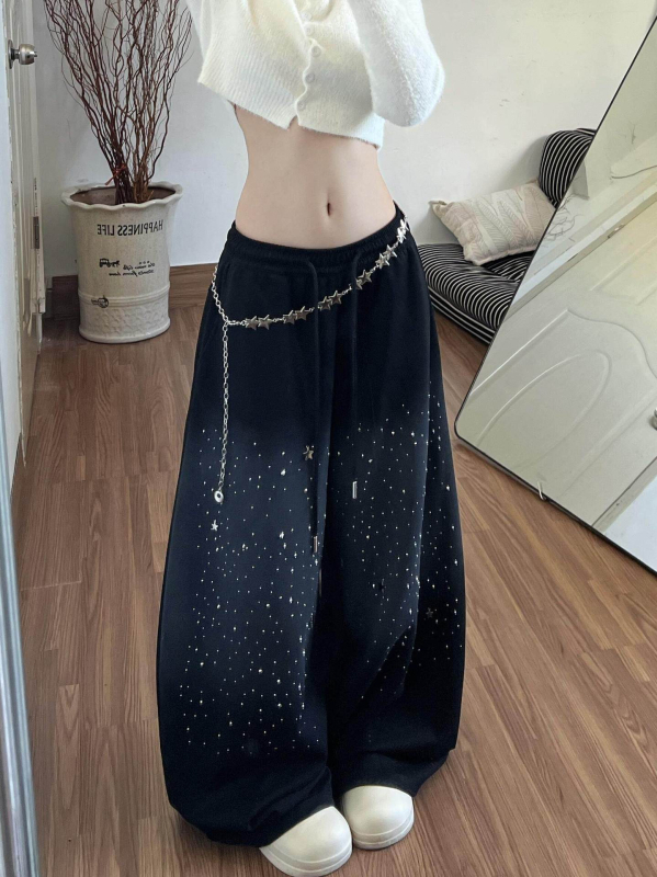 Ženske trenirke hlače s gradientnim zvjezdanim nebom i rhinestones, opuštenog kroja, širokih nogavica, do poda, zimi