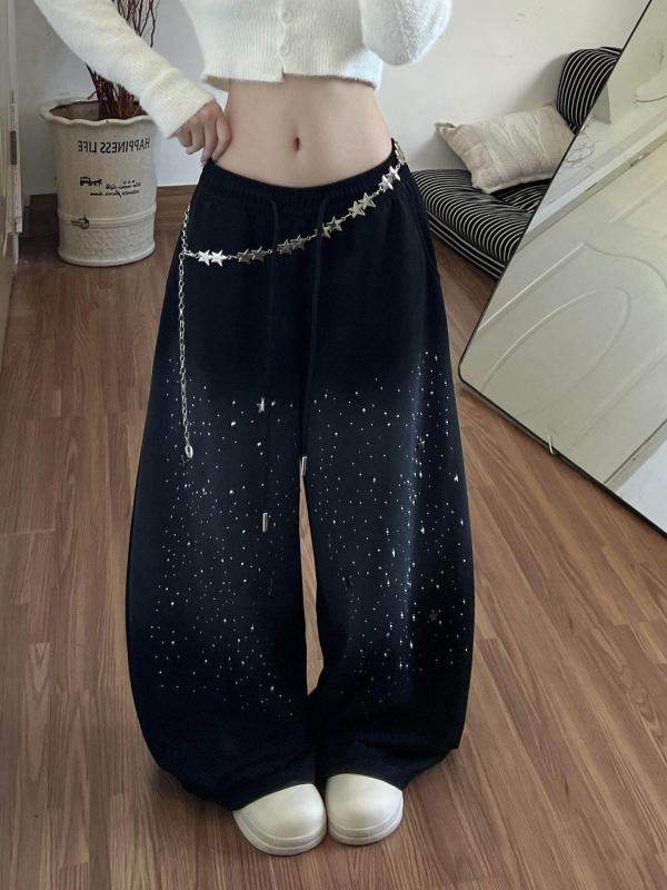 Ženske trenirke hlače s gradientnim zvjezdanim nebom i rhinestones, opuštenog kroja, širokih nogavica, do poda, zimi