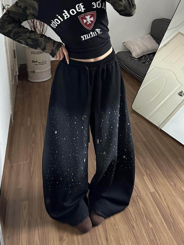 Ženske trenirke hlače s gradientnim zvjezdanim nebom i rhinestones, opuštenog kroja, širokih nogavica, do poda, zimi