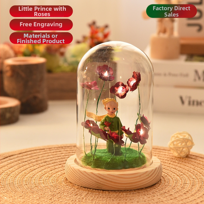 Ružová figúrka Malý princ s sklenenou kupolou a sklenenou guľou – DIY darček na Valentína, narodeniny a Vianoce
