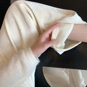 Bijele ženske široke hlače s visokim strukom, veluru uzorak s motivom leptira, podstavljene fleeceom, straight kroj, proljeće–jesen–zima, japansko-korejski casual stil