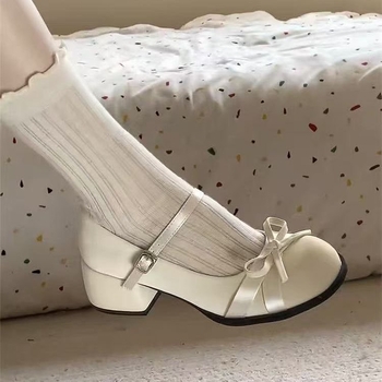 Bijele ženske Mary Jane cipele, 2026. proljeće kolekcija, s mašnicom, francuski stil, kožne cipele s niskim otvorom
