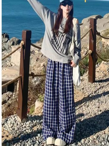 Ženske karirane široke hlače, neformalnog jesenskog stila, duge do poda, laskavi kroj