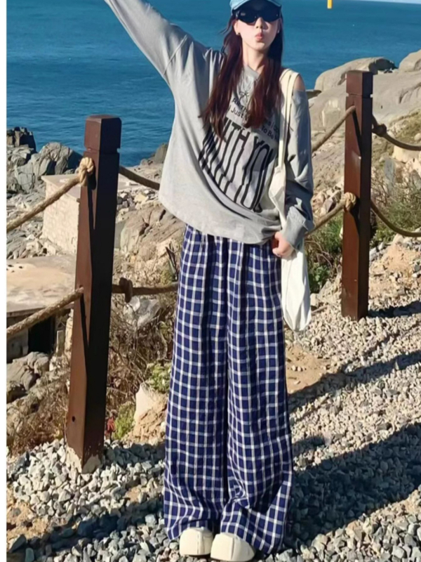 Ženske karirane široke hlače, neformalnog jesenskog stila, duge do poda, laskavi kroj