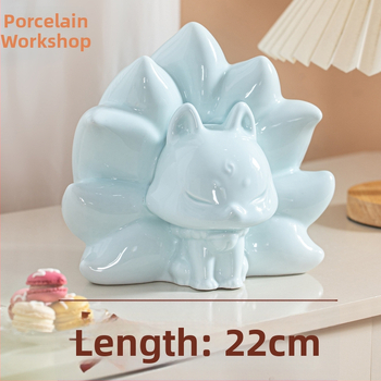 Porcelánová dekoratívna figúrka do domu, záhrady alebo kancelárie; roztomilá líška s deviatimi chvostmi, čínskeho štýlu, vstupná hala