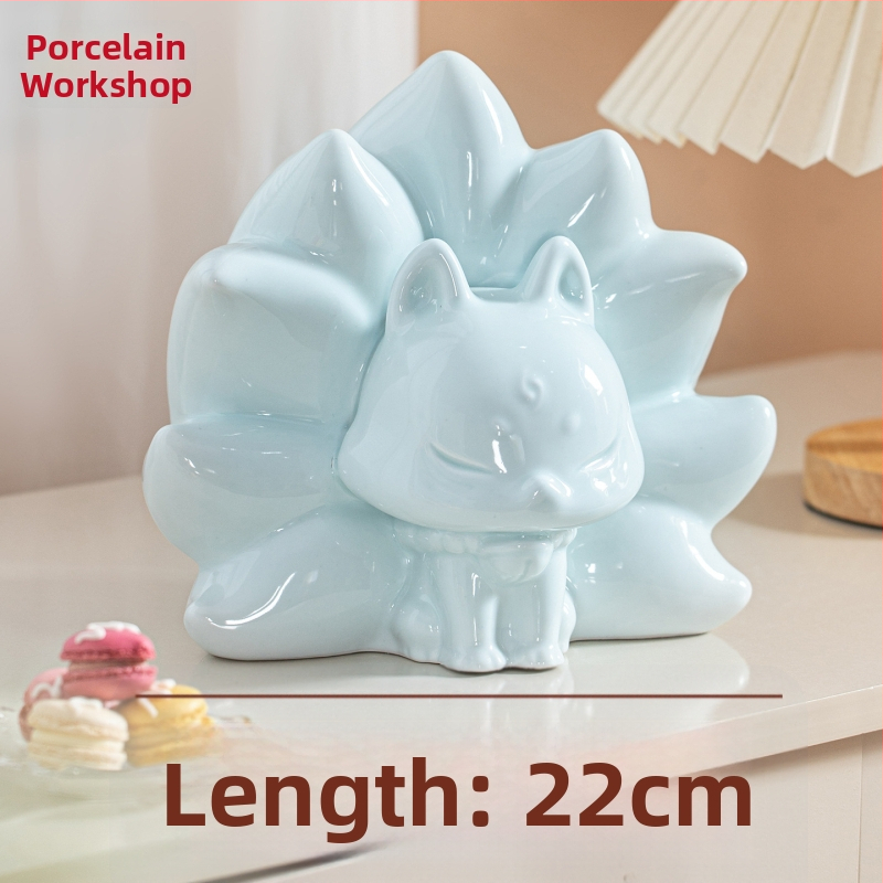 Porcelánová dekoratívna figúrka do domu, záhrady alebo kancelárie; roztomilá líška s deviatimi chvostmi, čínskeho štýlu, vstupná hala