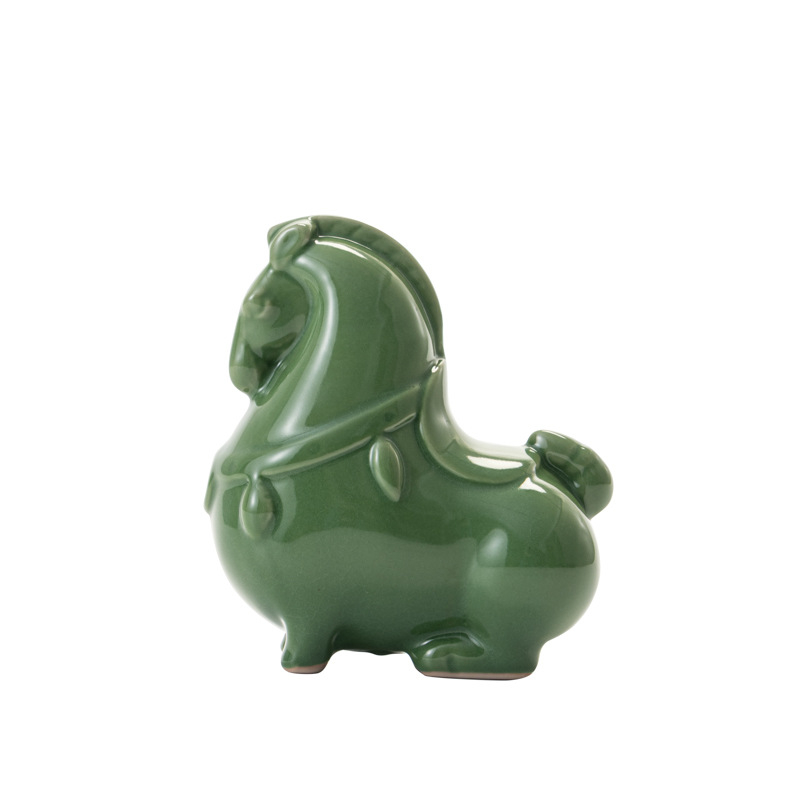 Ru Kiln Zelený Tangový kôň z keramiky s glazúrou craquelé, tea pet pre stôl a vstupnú halu