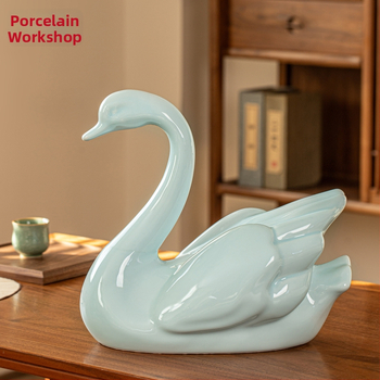 Porcelánová ozdoba labuť, veľký formát, čínskeho štýlu, luxusná dekorácia do kancelárie a domova
