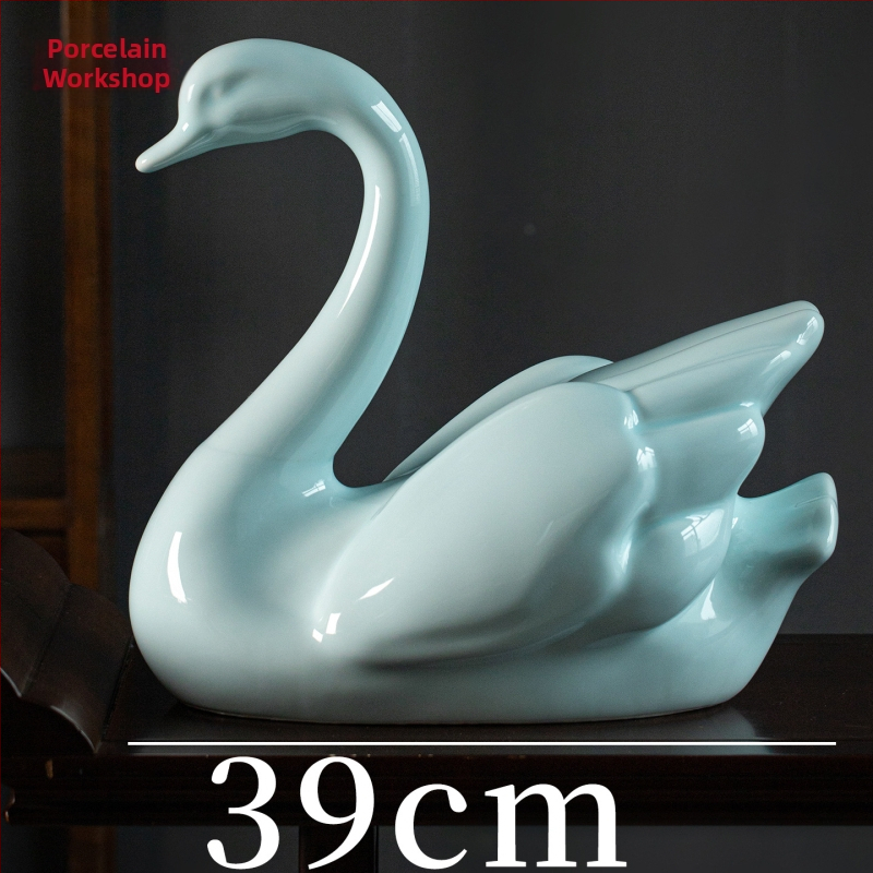 Porcelánová ozdoba labuť, veľký formát, čínskeho štýlu, luxusná dekorácia do kancelárie a domova