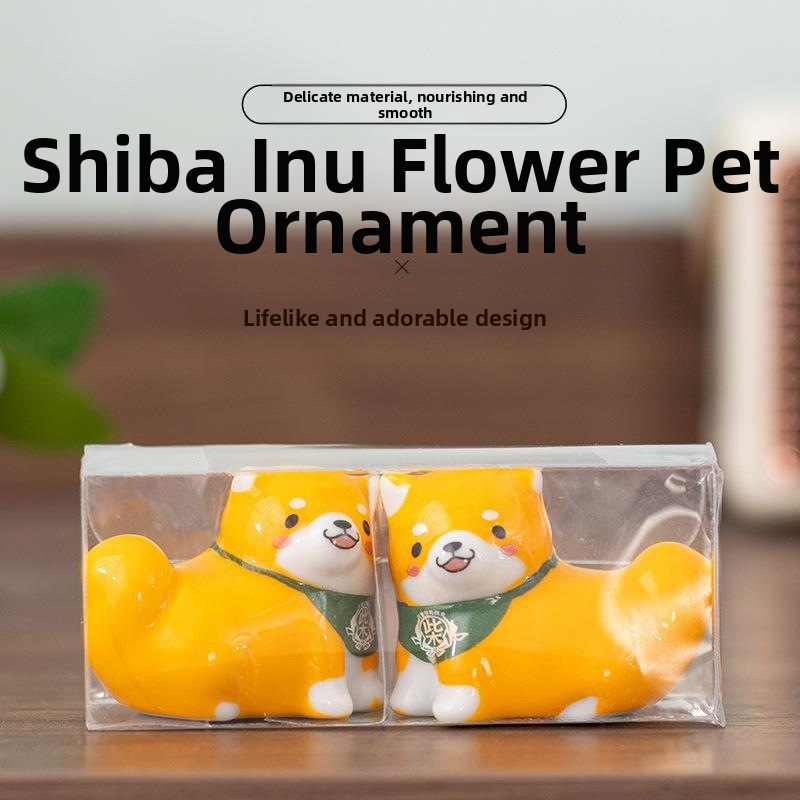 Keramická podložka na paličky – pár Shiba Inu s kvetmi, biely porcelán