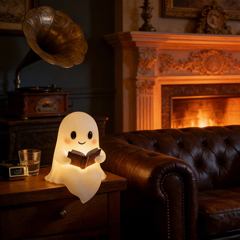 Duch Halloweenu, ktorý číta knihu, socha z živice – domová dekorácia