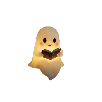 Duch Halloweenu, ktorý číta knihu, socha z živice – domová dekorácia