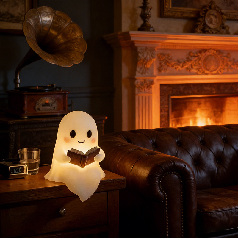 Duch Halloweenu, ktorý číta knihu, socha z živice – domová dekorácia