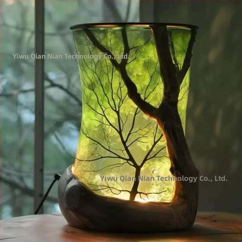 Stolná lampa s cylindrickým tvarom v tvare listu, magické lesné svetlo, dekoratívny doplnok do domácnosti, tvorivá atmosféra.