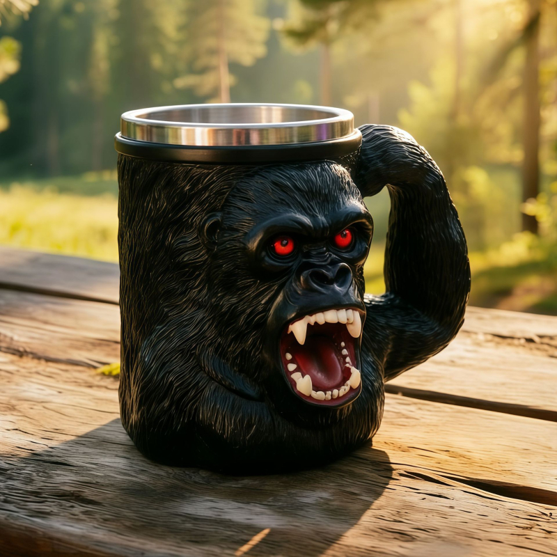 Živicová šálka King Kong s červenookou gorilou, karikatúrny štýl dekorácie na kávu