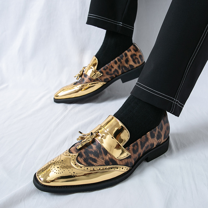 Férfi üzleti bőrcipő, brog-stílusú slip-on loaferek