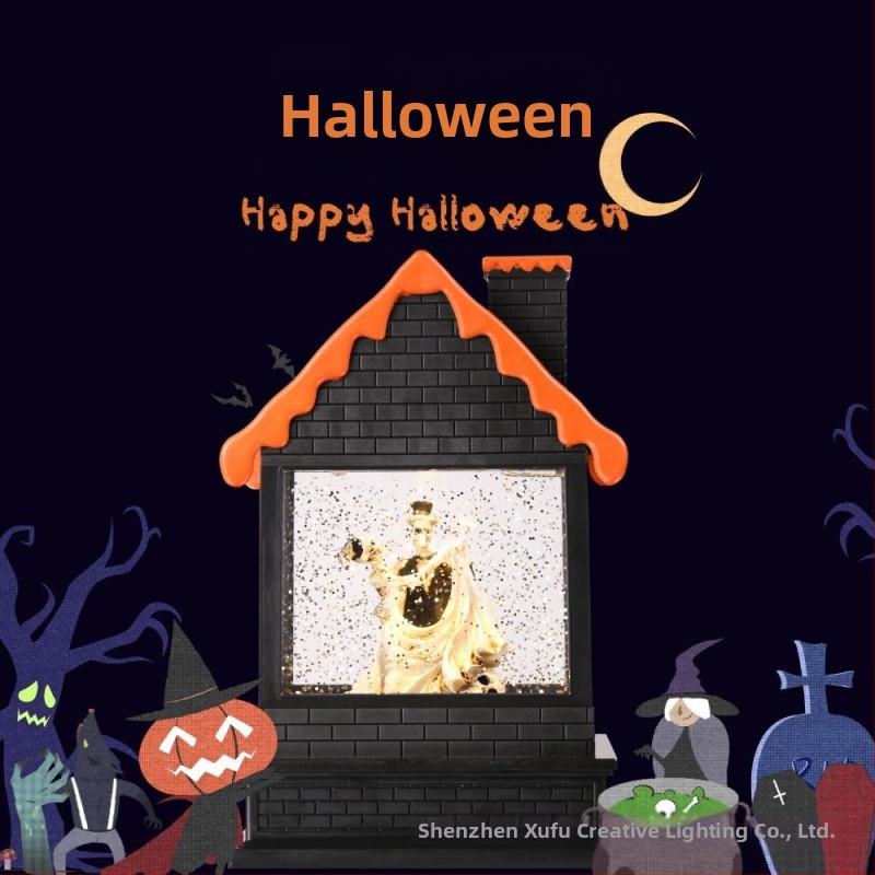Halloween Čierny dom Kryštálová vietorová lampa so živicovou dvojicou lebiek, hudobná vietor lampa so snehovým efektom