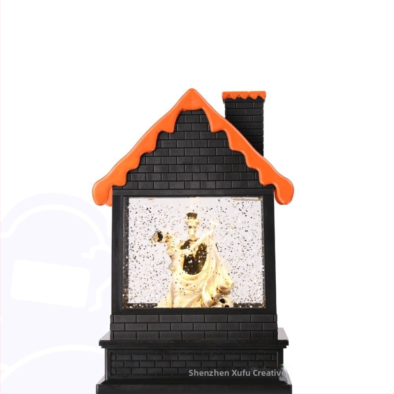 Halloween Čierny dom Kryštálová vietorová lampa so živicovou dvojicou lebiek, hudobná vietor lampa so snehovým efektom