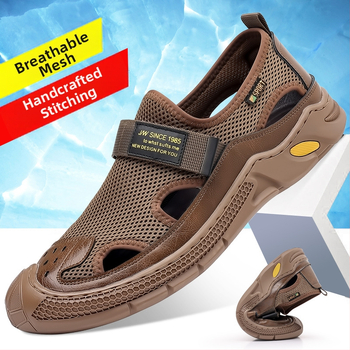 Sandale pentru bărbați din piele, cu plasă, lucrate manual, respirabile, închidere Velcro, vară 2026