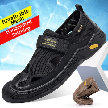 Sandale pentru bărbați din piele, cu plasă, lucrate manual, respirabile, închidere Velcro, vară 2026