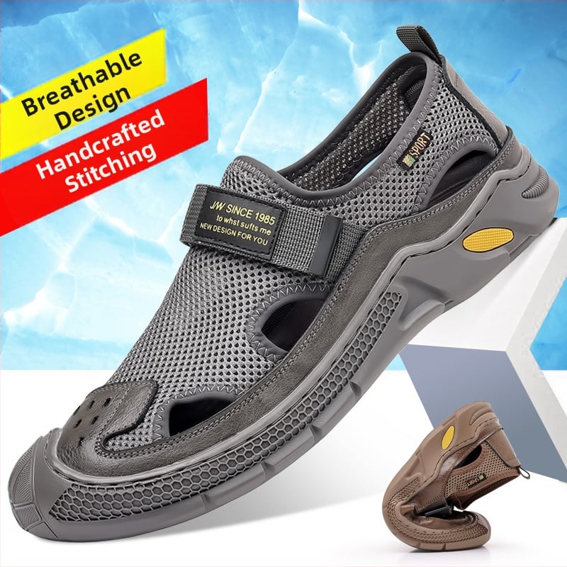 Sandale pentru bărbați din piele, cu plasă, lucrate manual, respirabile, închidere Velcro, vară 2026