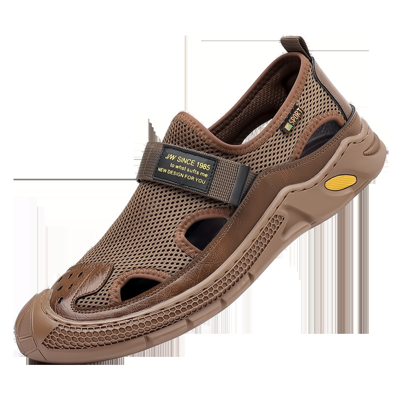 Sandale pentru bărbați din piele, cu plasă, lucrate manual, respirabile, închidere Velcro, vară 2026