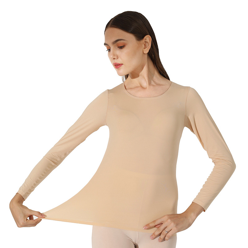 Tricou termic subțire pentru femei, cu elasticitate mare, mâneci lungi, guler rotund, cald