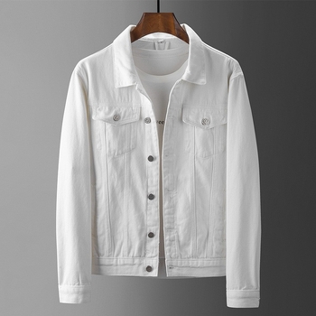 Fehér férfi denim dzseki vékony gallérrel, lezser stílus, slim-fit, tavasz–ősz, négy évszak