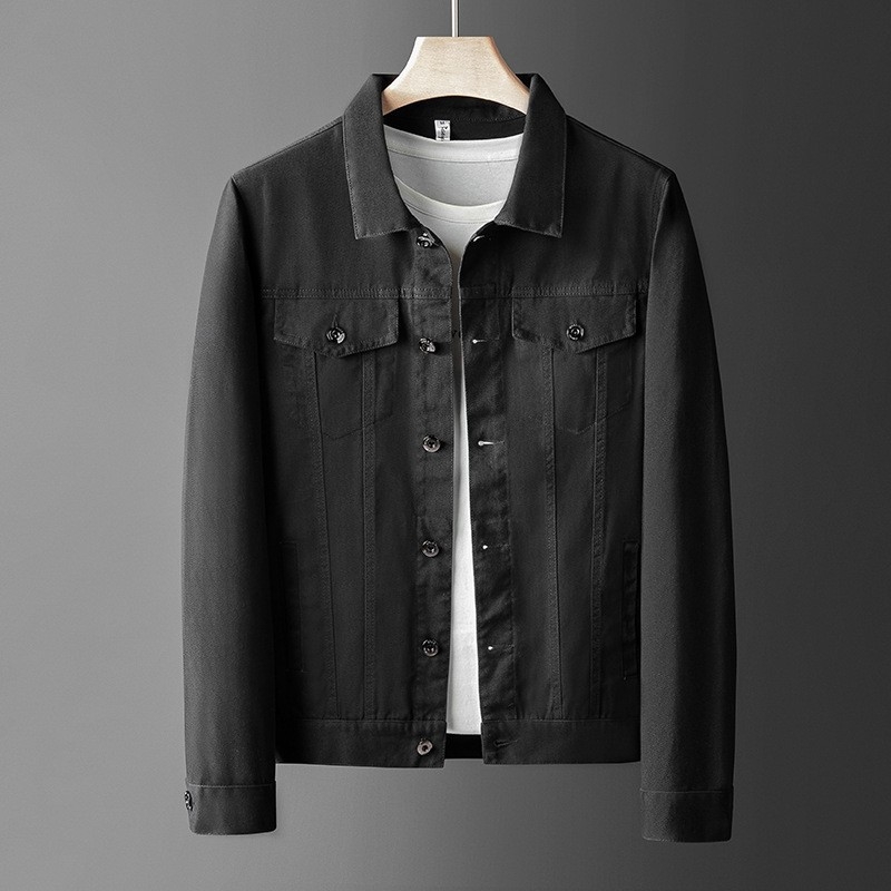 Fehér férfi denim dzseki vékony gallérrel, lezser stílus, slim-fit, tavasz–ősz, négy évszak